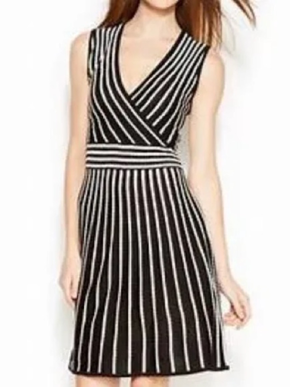 Calvin Klein Black and White Striped V-Neck Mini Dress